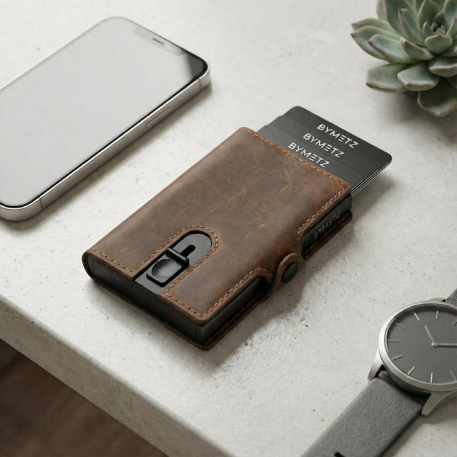 ByMetz Ausziehbarer Kartenhalter Anti Skim - Hunter Leder